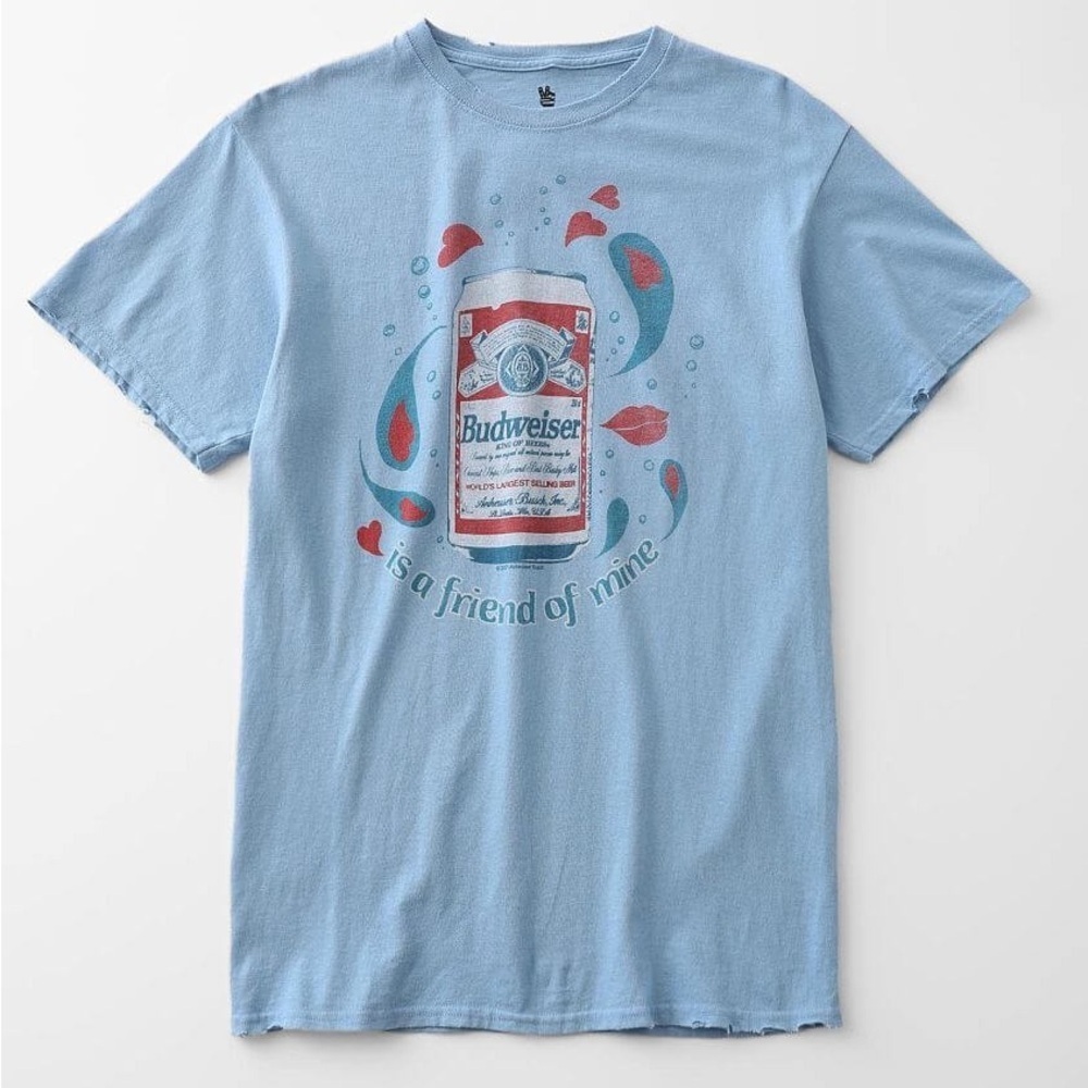 Light Blue Women’s Sz Small Junkfood Clothing Budweiser Is A Friend of Mine Tee